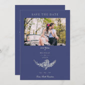 Save The Date Floral Wreath Navy White Photo Classic Mariage (Devant / Derrière)