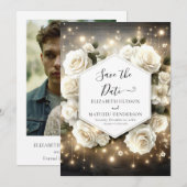 Save The Date Florales classiques Roses blanches Mariage (Devant / Derrière)