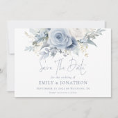 Save The Date Florales modernes Dusty Blue Texte QR Code Mariage (Devant)