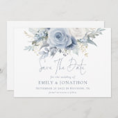 Save The Date Florales modernes Dusty Blue Texte QR Code Mariage (Devant / Derrière)