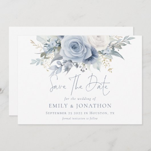 Save The Date Florales modernes Dusty Blue Texte QR Code Mariage (Devant / Derrière)