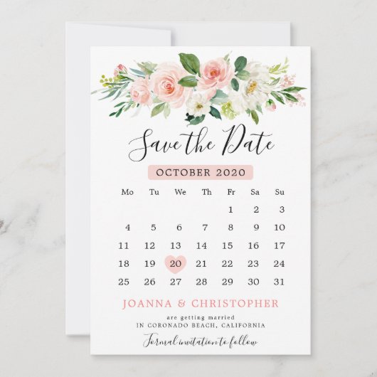 Save The Date Florales rose pâle Calendrier botanique moderne (Devant)