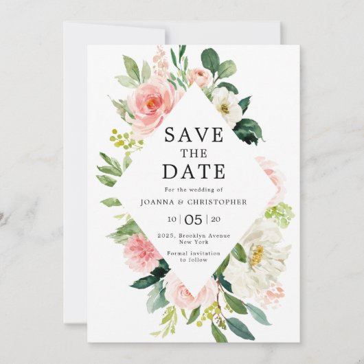 Save The Date Florales rose pâle Mariage botanique moderne (Devant)