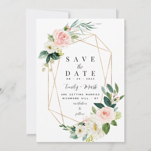 Save The Date Florales roses, verdure et or (Devant)