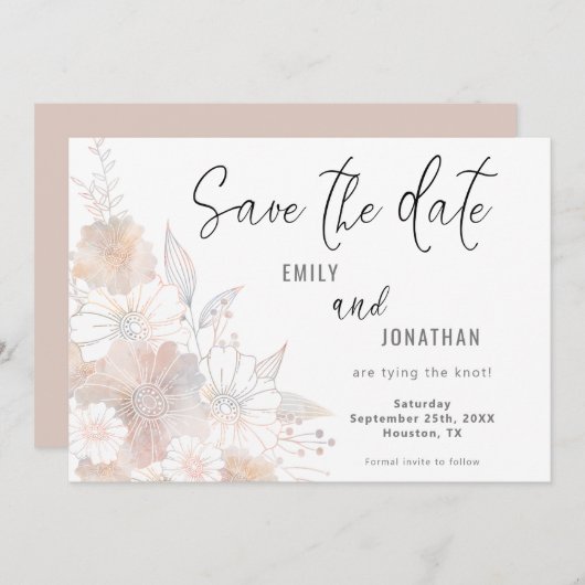 Save The Date Florals Blush Peach Grey Mariage Enregistrer La Da (Devant / Derrière)