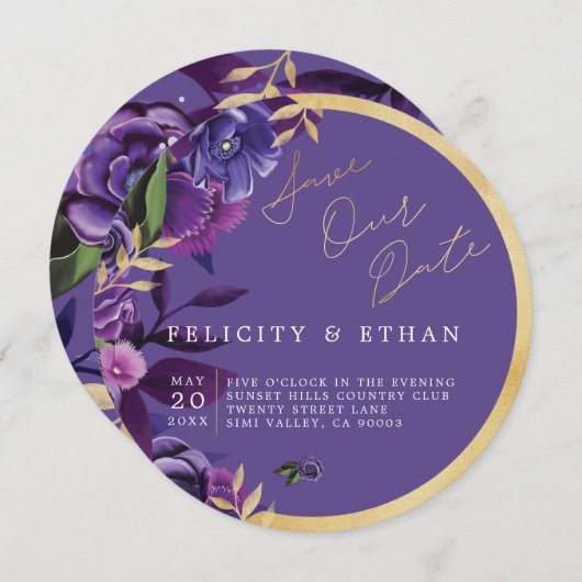 Save The Date Florals Ultra Violet & Gold Wedding Enregistrer La (Devant / Derrière)