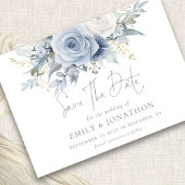 Save The Date Flore bleu Dusty QR Code Mariage d'écriture bleu
