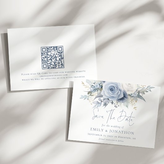 Save The Date Flore bleu Dusty QR Code Mariage d'écriture bleu
