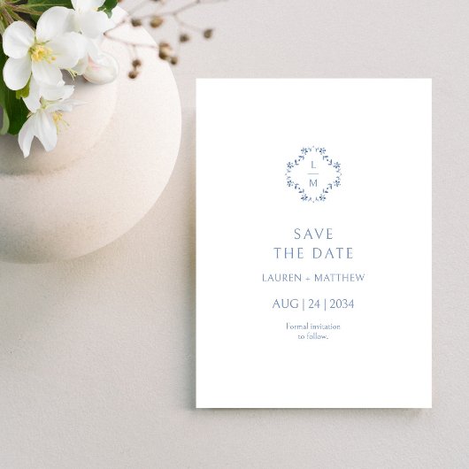 Save The Date Flore bleu et blanc Mariage monogramme plat