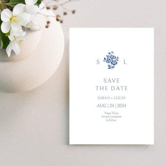 Save The Date Flore bleu et blanc Mariage monogramme plat