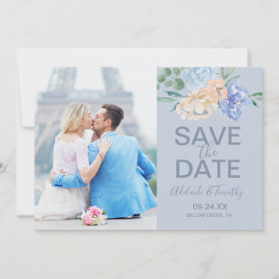 Save The Date Flore bleu poussiéreux   Photo sur ardoise