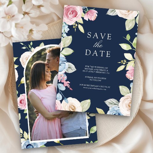 Save The Date Flore de printemps doux photo Mariage bleu marine