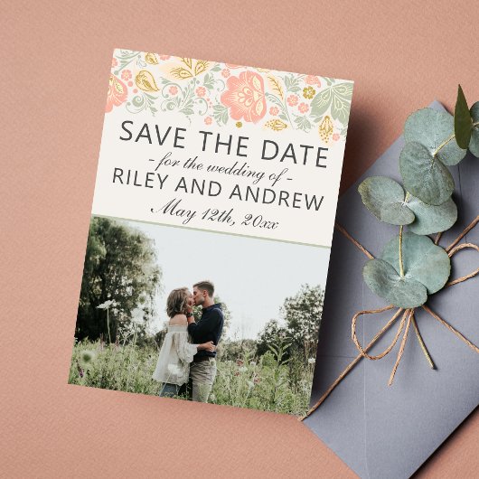 Save The Date Flore Elegance Peach Blush Sage Enregistrer La Dat