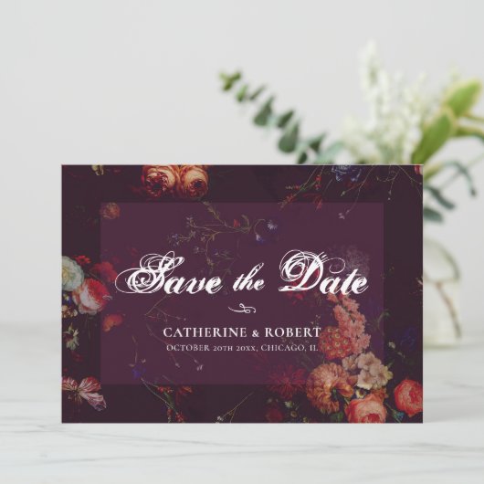 Save The Date Flore foncé élégant bordeaux Moody (Debout devant)