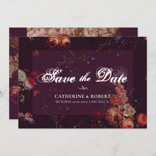 Save The Date Flore foncé élégant bordeaux Moody (Devant / Derrière)