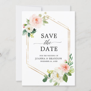 Save The Date Flore rose pâle moderne cadre géométrique or
