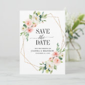 Save The Date Flore rose pâle moderne cadre géométrique or (Debout devant)