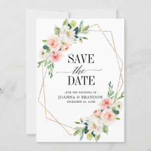 Save The Date Flore rose pâle moderne cadre géométrique or