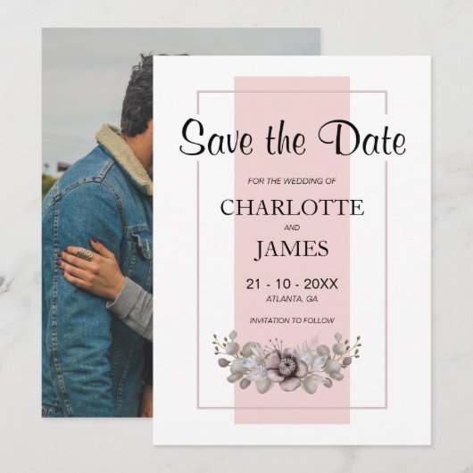 Save The Date Flore rose photo personnalisée (Devant / Derrière)