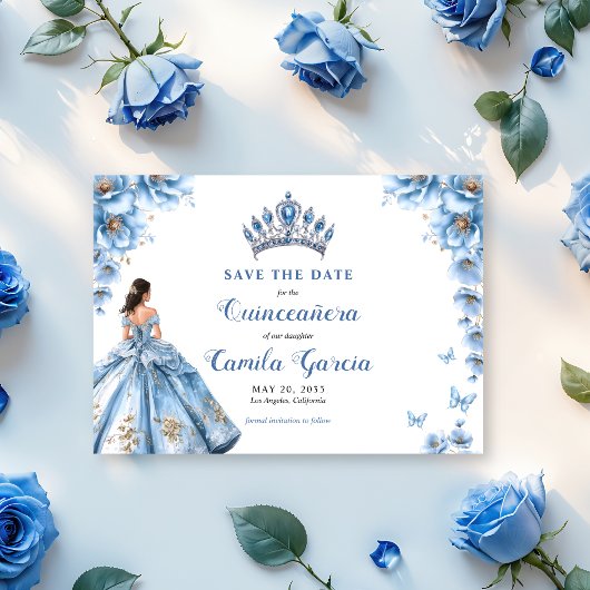 Save The Date Flore Whimsical Dusty Bleu Tiara Quinceañera