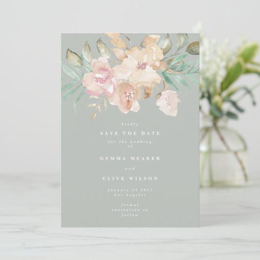 Save The Date Flores d'aquarelle rustique sur Sage Green Photo (Debout devant)