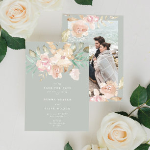 Save The Date Flores d'aquarelle rustique sur Sage Green Photo