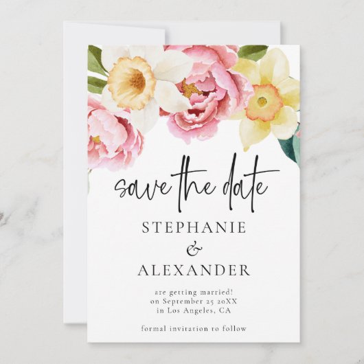 Save The Date Flores rose jaune moderne Script QR Code Mariage (Devant)