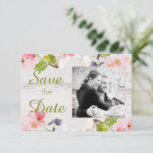 Save The Date Flores roses rustiques sur bois blanc (Debout devant)