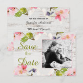 Save The Date Flores roses rustiques sur bois blanc (Devant / Derrière)
