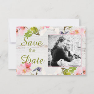 Save The Date Flores roses rustiques sur bois blanc