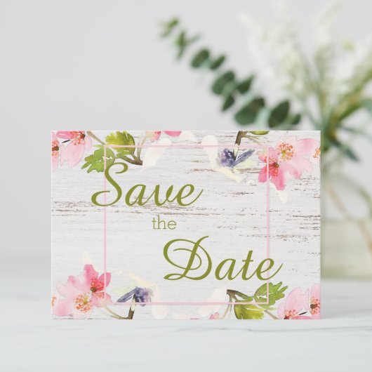 Save The Date Flores roses rustiques sur bois blanc (Debout devant)
