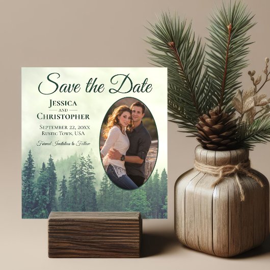 Save The Date Foggy Green Mountains Rustic Oval Photo Mariage