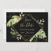 Save The Date Foliage Tropical Noir & Or Élégant Géométrique (Devant)