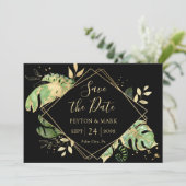 Save The Date Foliage Tropical Noir & Or Élégant Géométrique (Debout devant)