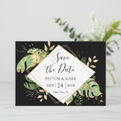 Save The Date Foliage Tropical Noir & Or Élégant Géométrique (Debout devant)