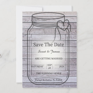 Save The Date Fond en bois clair avec pot Mason en forme de cœur