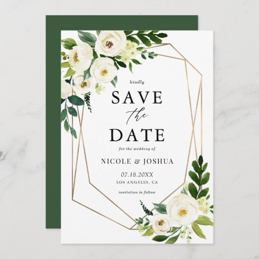 Save The Date Fond Or Géométrique Blanc Floral Frame Spring (Devant / Derrière)