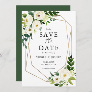 Save The Date Fond Or Géométrique Blanc Floral Frame Spring