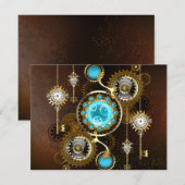 Save The Date Fond rouillé Steampunk avec verres turquoise (Devant / Derrière)