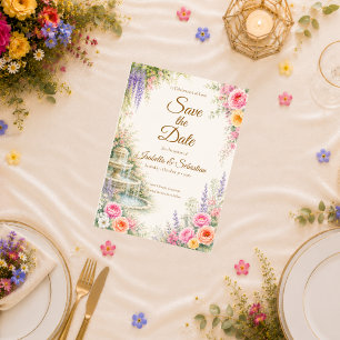 Save The Date Fontaine de jardin romantique Fleurs Mariage