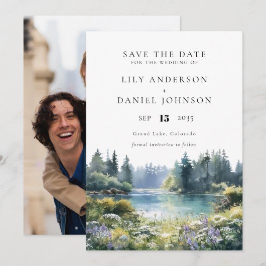 Save The Date Forest Lakeside Wildflowers Floral Photo Wedding (Devant / Derrière)