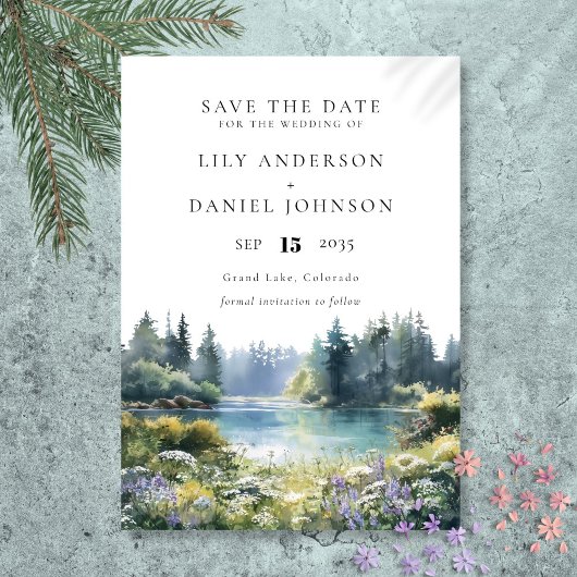 Save The Date Forest Lakeside Wildflowers Floral Wedding