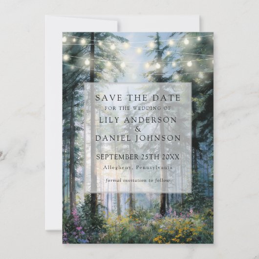 Save The Date Forest String Lights Floral Rustic Photo Wedding (Devant)
