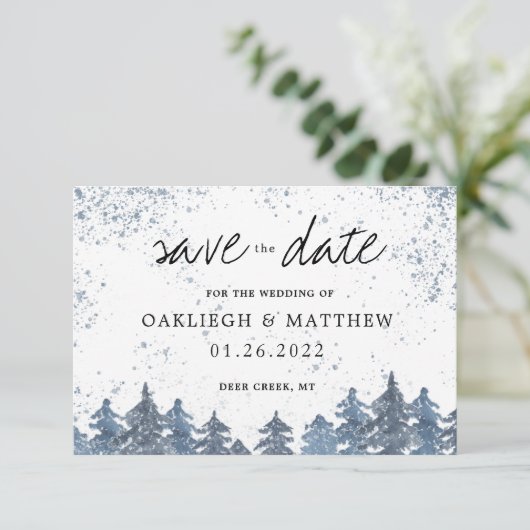 Save The Date Forêt bleu pâle rustique d'hiver Sauvez la date (Debout devant)