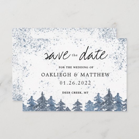 Save The Date Forêt bleu pâle rustique d'hiver Sauvez la date (Devant / Derrière)