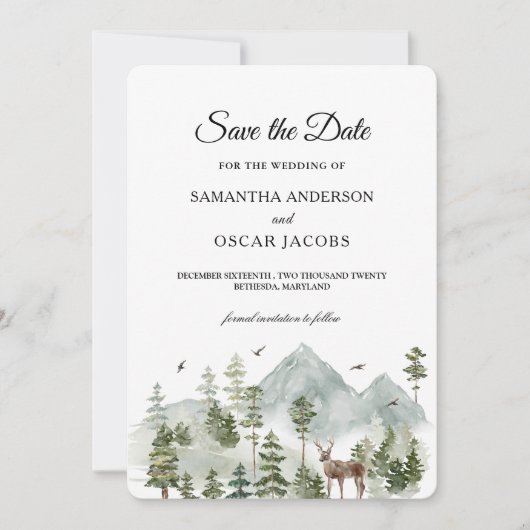 Save The Date Forêt d'aquarelle | Arbres Et Cerfs | (Devant)