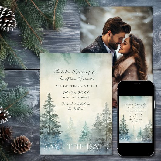 Save The Date Forêt de pins d'hiver rustique Mariage photo