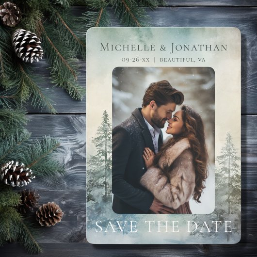 Save The Date Forêt de pins d'hiver rustique Mariage photo