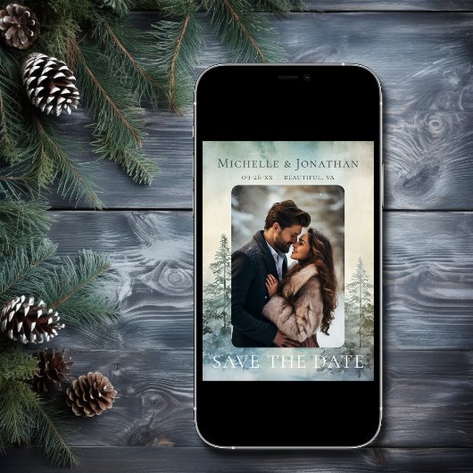 Save The Date Forêt de pins d'hiver rustique Mariage photo