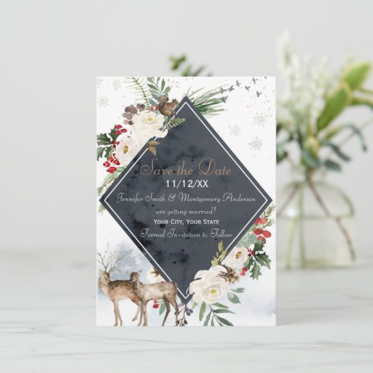 Save The Date Forêt d'hiver Deer Woodland Enregistrer la date (Debout devant)